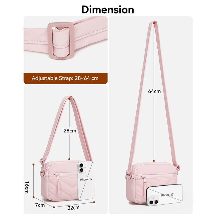 MSM2619 - Miss Lulu Women’s Crossbody Bag, Multi‑Zip Pockets Compact Daily Shoulder Bag - Pink