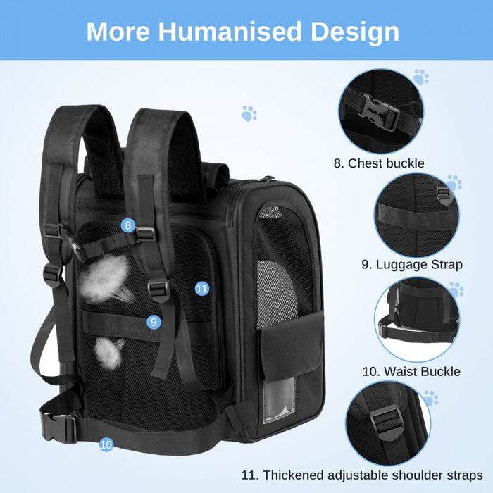 PTD2641 - Dogat Expandable And Foldable Pet Backpack Carrier with Ventilated Mesh Windows Comfortable & Secure Design - Black