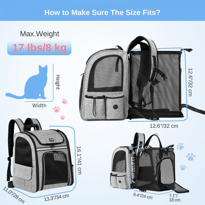 PTD2641 - Dogat Expandable And Foldable Pet Backpack Carrier with Ventilated Mesh Windows Comfortable & Secure Design - Grey