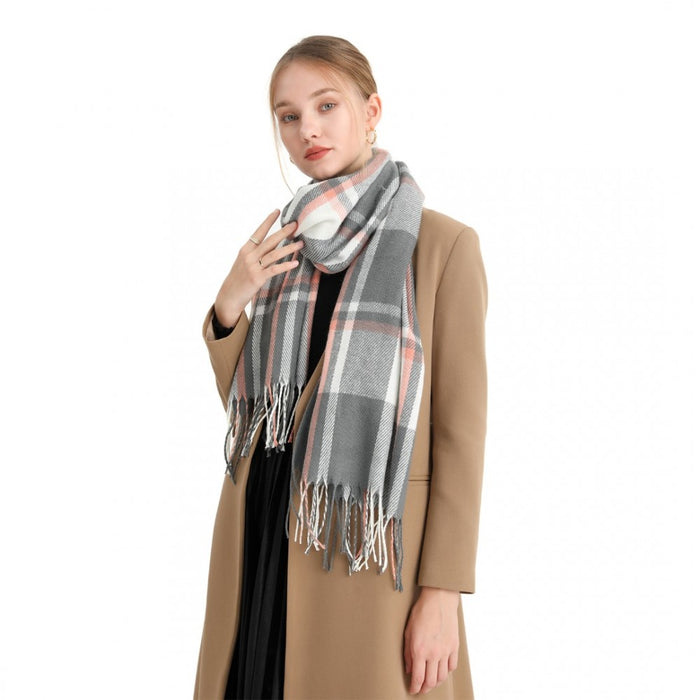 S6433 - Acrylic Fashion Women's Long Shawl Grid Tassel Winter Warm Oversized Scarf - Grey