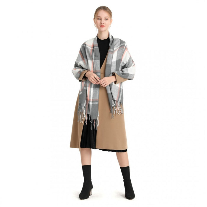 S6433 - Acrylic Fashion Women's Long Shawl Grid Tassel Winter Warm Oversized Scarf - Grey