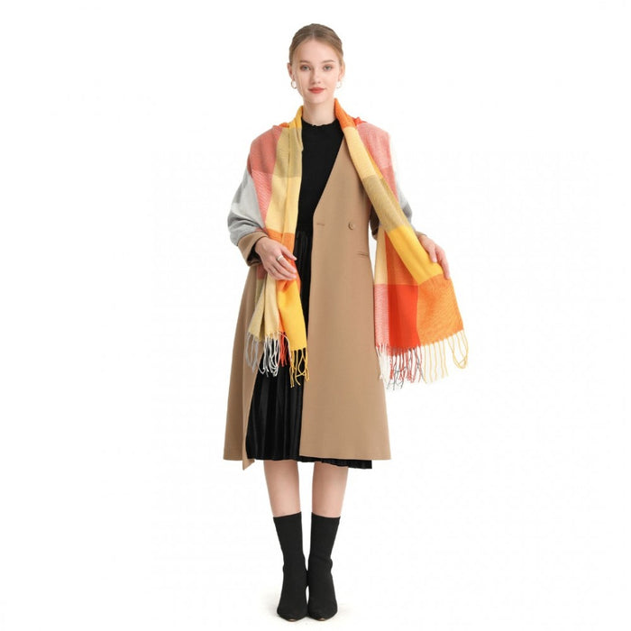 S6433 - Acrylic Fashion Women's Long Shawl Grid Tassel Winter Warm Oversized Scarf - Orange