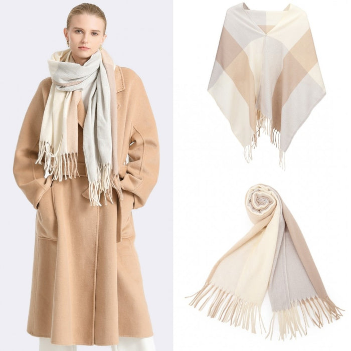 SFN4401 - Elegant Color Block Scarf with Fringe Detailing – Versatile Oversized Design - Camel