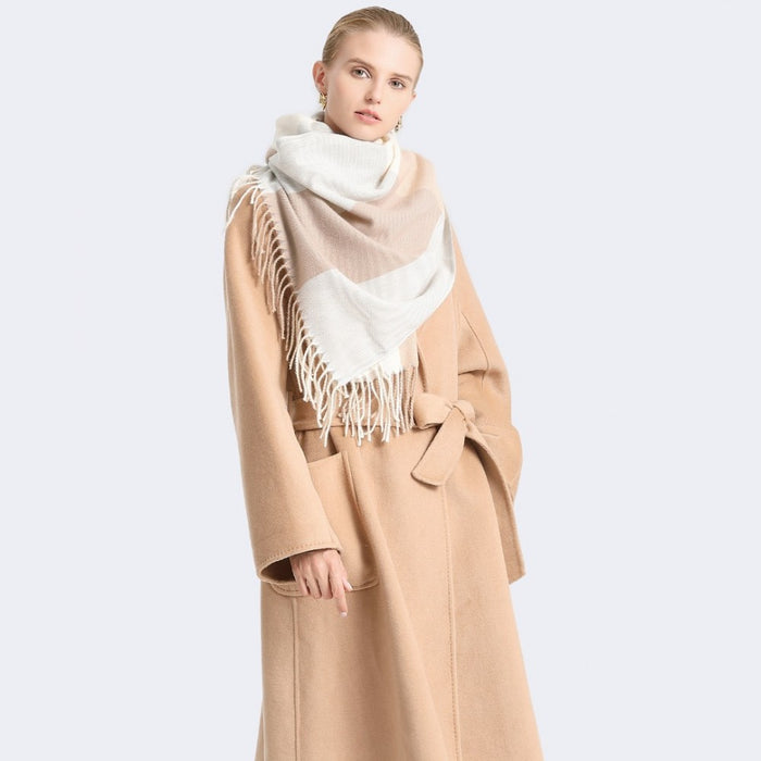 SFN4401 - Elegant Color Block Scarf with Fringe Detailing – Versatile Oversized Design - Camel