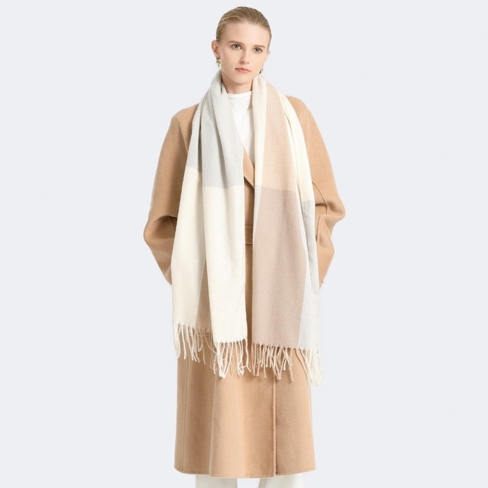 SFN4401 - Elegant Color Block Scarf with Fringe Detailing – Versatile Oversized Design - Camel