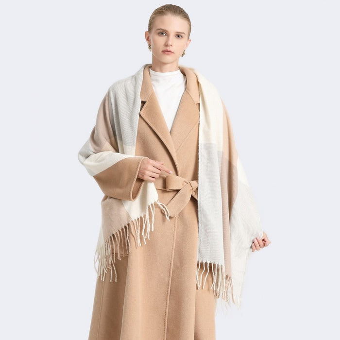 SFN4401 - Elegant Color Block Scarf with Fringe Detailing – Versatile Oversized Design - Camel