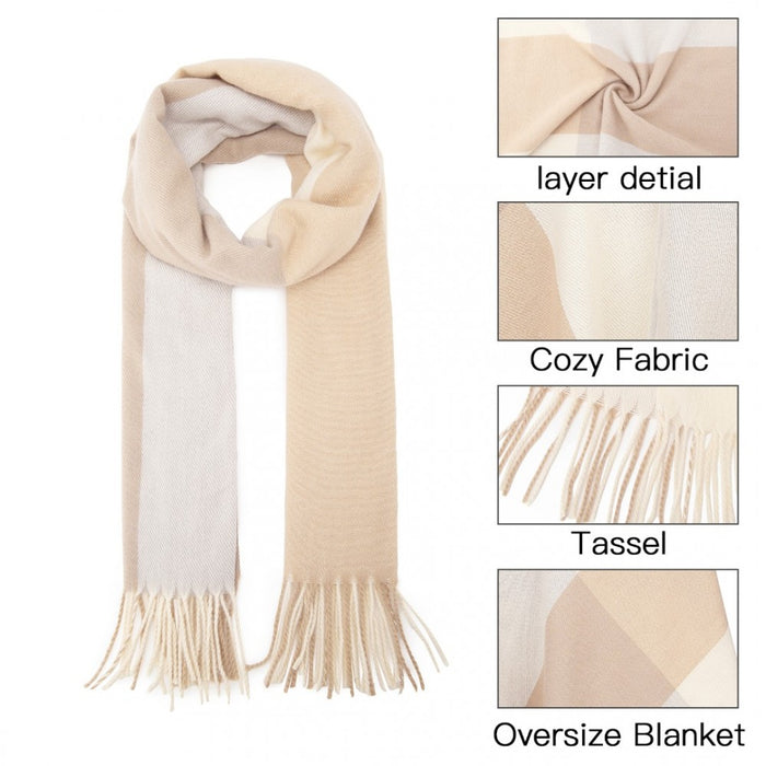 SFN4401 - Elegant Color Block Scarf with Fringe Detailing – Versatile Oversized Design - Camel