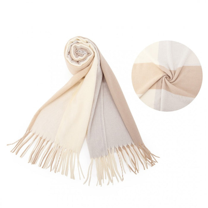 SFN4401 - Elegant Color Block Scarf with Fringe Detailing – Versatile Oversized Design - Camel