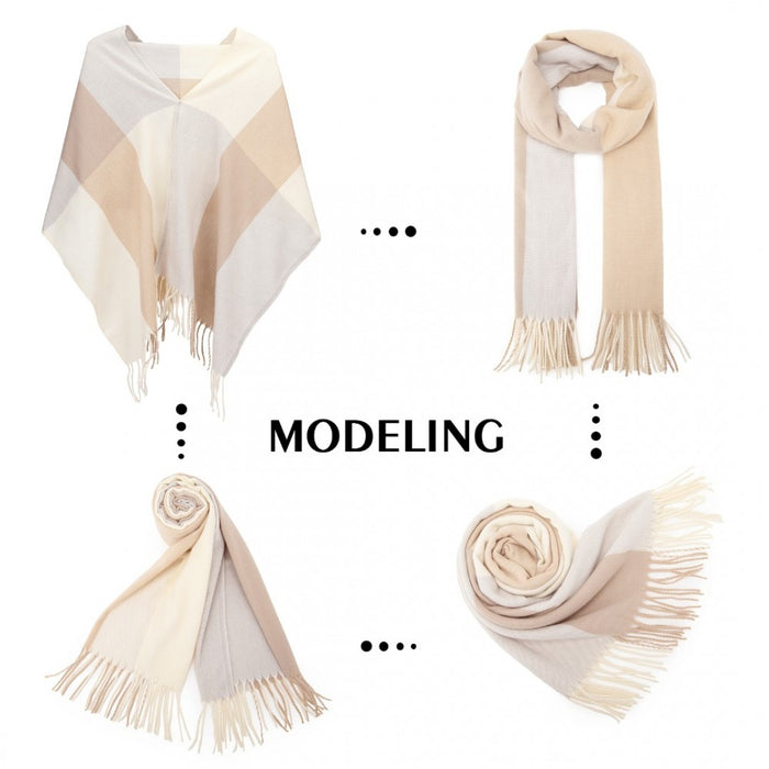 SFN4401 - Elegant Color Block Scarf with Fringe Detailing – Versatile Oversized Design - Camel