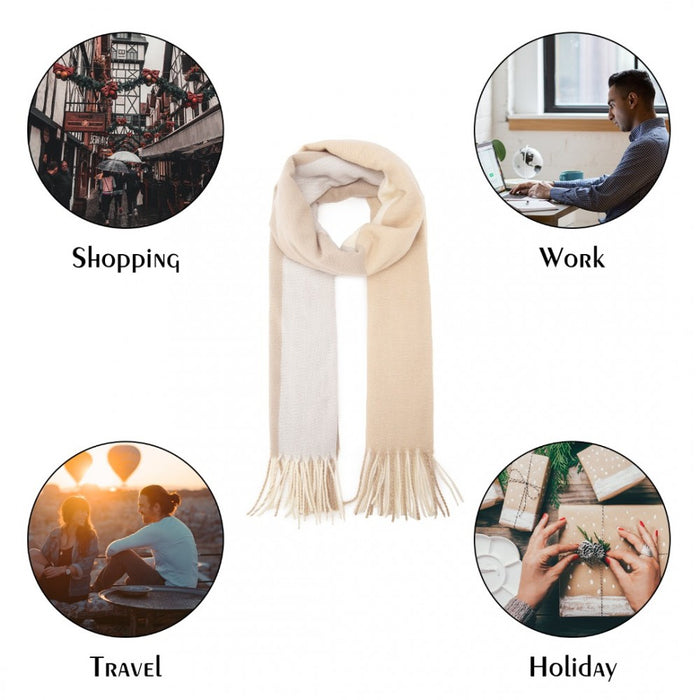 SFN4401 - Elegant Color Block Scarf with Fringe Detailing – Versatile Oversized Design - Camel