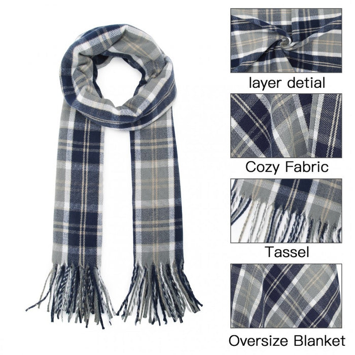 SFN4401 - Elegant Color Block Scarf with Fringe Detailing – Versatile Oversized Design - Navy