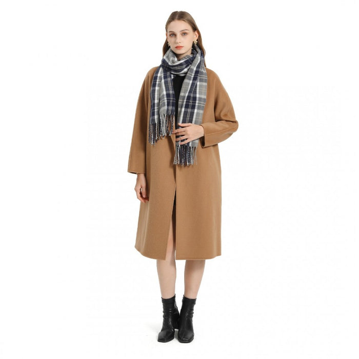 SFN4401 - Elegant Color Block Scarf with Fringe Detailing – Versatile Oversized Design - Navy