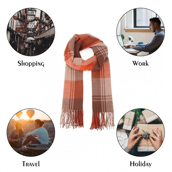 SFN4401 - Elegant Color Block Scarf with Fringe Detailing – Versatile Oversized Design - Orange