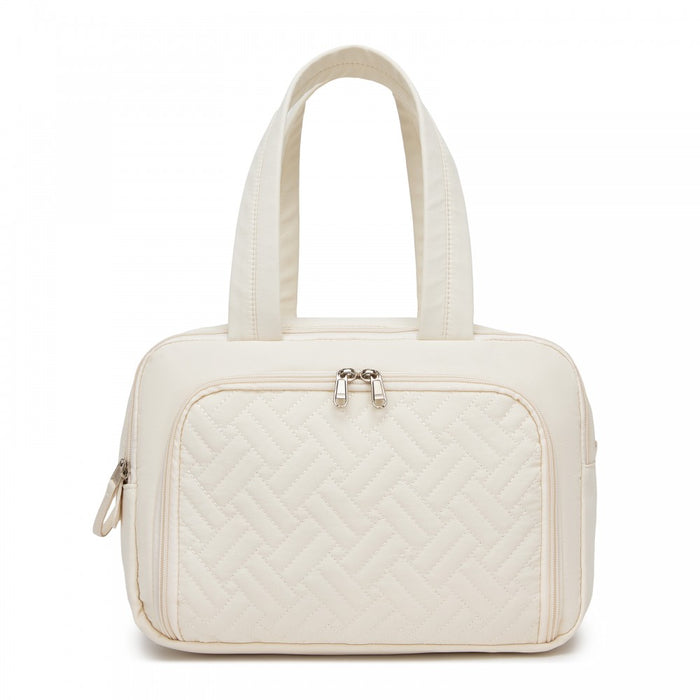 TOK2608 - Kono Travel Quilted Toiletry Bag – Water-Resistant, Wet/Dry Pocket, Large 180° Opening for Easy Access - Beige