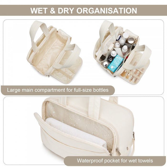 TOK2608 - Kono Travel Quilted Toiletry Bag – Water-Resistant, Wet/Dry Pocket, Large 180° Opening for Easy Access - Beige