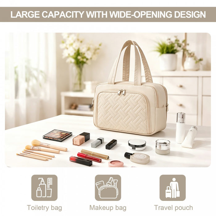 TOK2608 - Kono Travel Quilted Toiletry Bag – Water-Resistant, Wet/Dry Pocket, Large 180° Opening for Easy Access - Beige