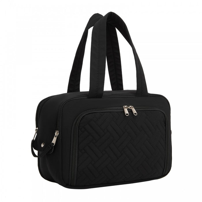 TOK2608 - Kono Travel Quilted Toiletry Bag – Water-Resistant, Wet/Dry Pocket, Large 180° Opening for Easy Access - Black