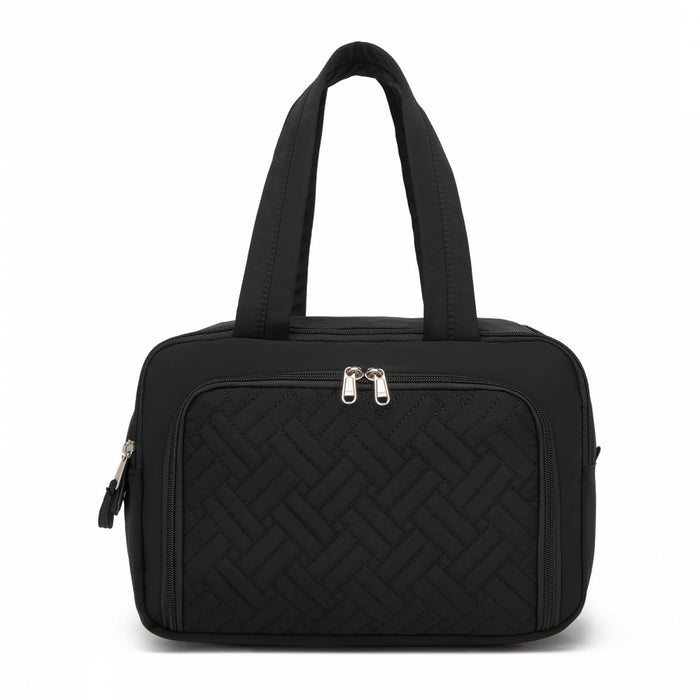 TOK2608 - Kono Travel Quilted Toiletry Bag – Water-Resistant, Wet/Dry Pocket, Large 180° Opening for Easy Access - Black