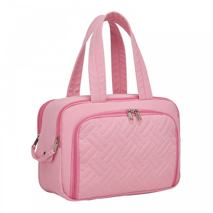 TOK2608 - Kono Travel Quilted Toiletry Bag – Water-Resistant, Wet/Dry Pocket, Large 180° Opening for Easy Access - Pink