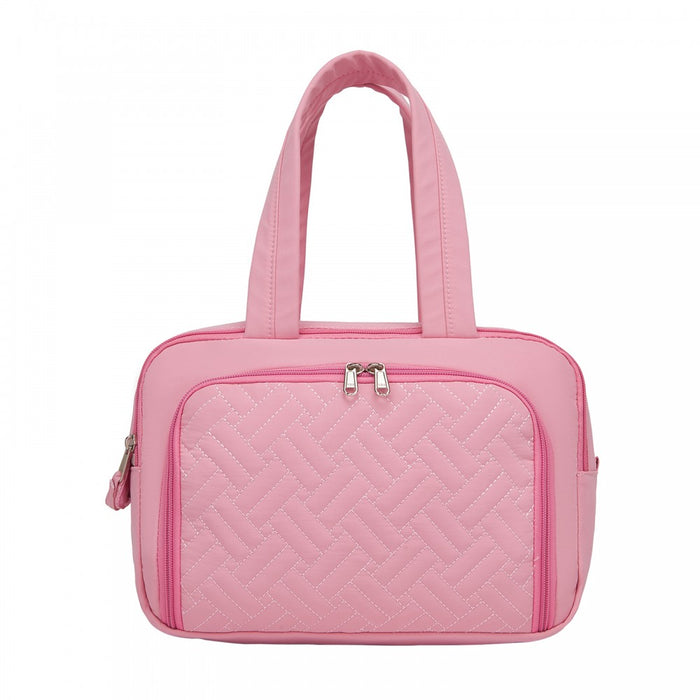 TOK2608 - Kono Travel Quilted Toiletry Bag – Water-Resistant, Wet/Dry Pocket, Large 180° Opening for Easy Access - Pink