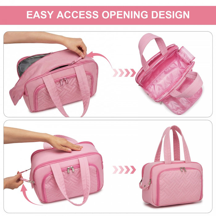 TOK2608 - Kono Travel Quilted Toiletry Bag – Water-Resistant, Wet/Dry Pocket, Large 180° Opening for Easy Access - Pink