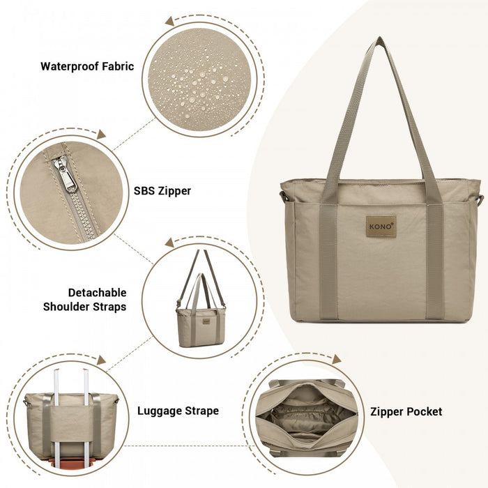 TVK2515 - Kono Comfortable and Easy-Carry Large-Capacity Travel Tote with Laptop Sleeve, Trolley Sleeve and Crossbody Strap - Khaki