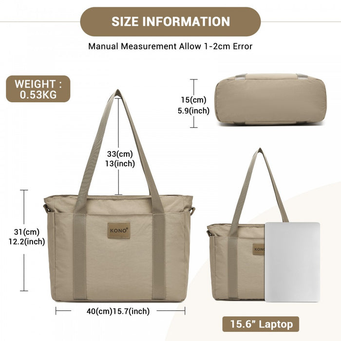TVK2515 - Kono Comfortable and Easy-Carry Large-Capacity Travel Tote with Laptop Sleeve, Trolley Sleeve and Crossbody Strap - Khaki