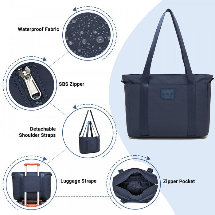 TVK2515 - Kono Comfortable and Easy-Carry Large-Capacity Travel Tote with Laptop Sleeve, Trolley Sleeve and Crossbody Strap - Navy