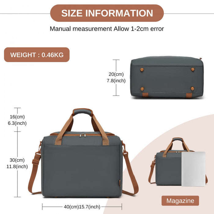 TVK2521 - Kono Compact and Lightweight 40×30×20 Personal-Item Travel Bag - U-Zip Wide Opening And Trolley Sleeve - Grey and Brown