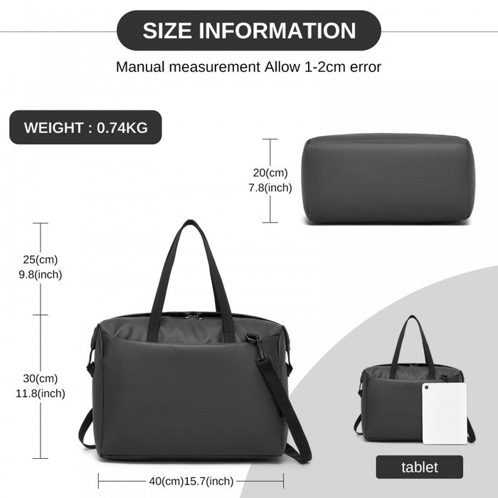 TVK2522 - Kono 40×30×20cm Cabin Approved Travel Bag - Versatile Carry-On Shoulder Bag for Travel, Gym, Business & Daily Use - Black