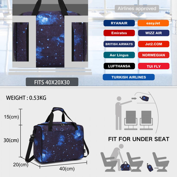 TVK2526 - Kono Spacious Airline-Approved Cabin Travel Duffel (40×30×20 cm) - Roomy Weekender with U-Zip Opening - Galaxy Blue