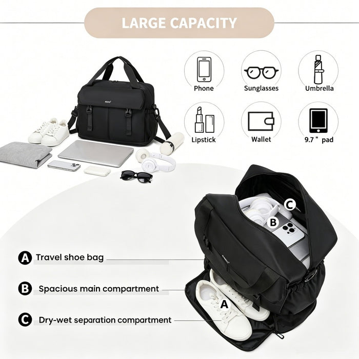 TVK2613 - Kono Expandable Cabin Travel Bag 40×30×20cm - Large Capacity, Water-Resistant, Multi-Compartment Weekend & Carry-On Tote - Black