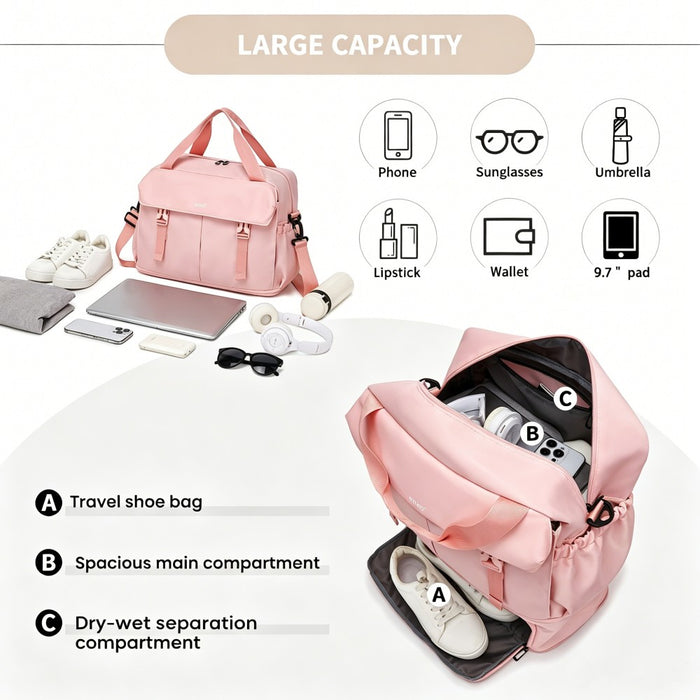 TVK2613 - Kono Expandable Cabin Travel Bag 40×30×20cm - Large Capacity, Water-Resistant, Multi-Compartment Weekend & Carry-On Tote - Pink