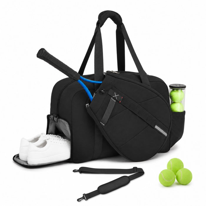 TVK2627 - Kono 25L Unisex Modular Tennis Travel Bag Set, Water Repellent Nylon Gym Bag with Detachable Racket Sleeve - Black