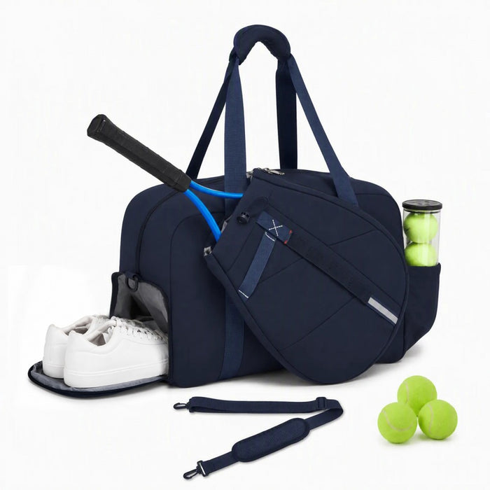 TVK2627 - Kono 25L Unisex Modular Tennis Travel Bag Set, Water Repellent Nylon Gym Bag with Detachable Racket Sleeve - Navy