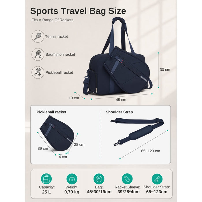 TVK2627 - Kono 25L Unisex Modular Tennis Travel Bag Set, Water Repellent Nylon Gym Bag with Detachable Racket Sleeve - Navy