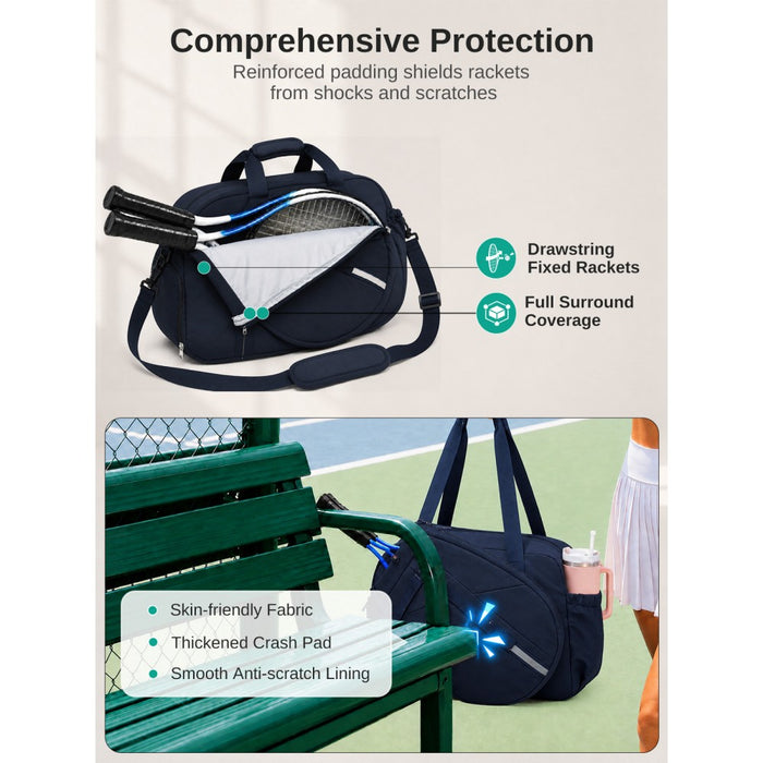 TVK2627 - Kono 25L Unisex Modular Tennis Travel Bag Set, Water Repellent Nylon Gym Bag with Detachable Racket Sleeve - Navy