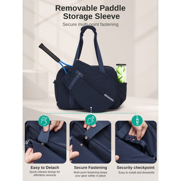 TVK2627 - Kono 25L Unisex Modular Tennis Travel Bag Set, Water Repellent Nylon Gym Bag with Detachable Racket Sleeve - Navy