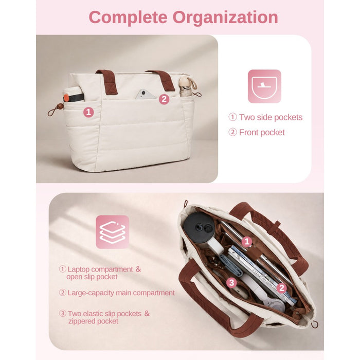 TVN2621 - 2-Piece Women's Tote Bag Set, Water Repellent Handbag with Laptop Compartment for Commute Travel And Outings - Beige And Brown