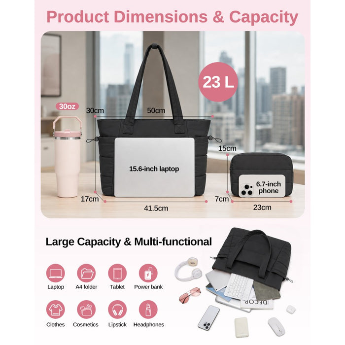 TVN2621 - 2-Piece Women's Tote Bag Set, Water Repellent Handbag with Laptop Compartment for Commute Travel And Outings - Black