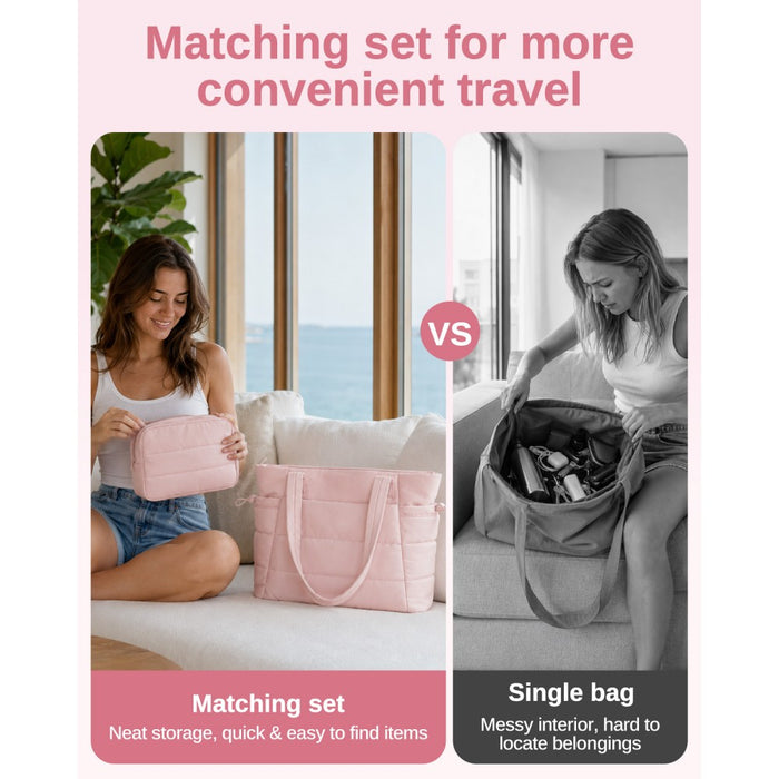 TVN2621 - 2-Piece Women's Tote Bag Set, Water Repellent Handbag with Laptop Compartment for Commute Travel And Outings - Pink