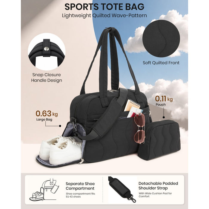 TVN2622 - 24L Lightweight Quilted Women’s Travel Bag Set with Shoe Compartment for Gym Maternity Commute - Black