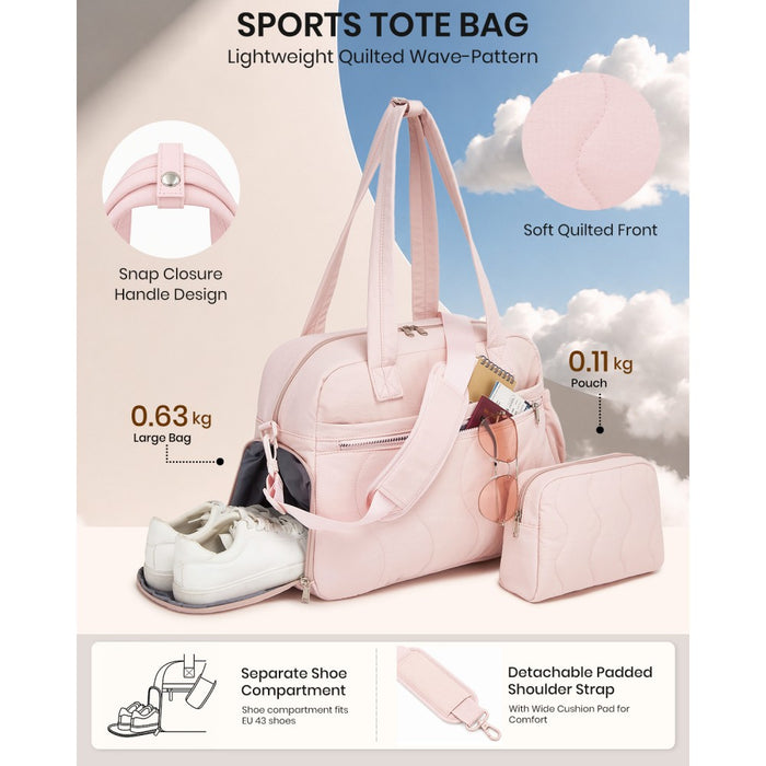 TVN2622 - 24L Lightweight Quilted Women’s Travel Bag Set with Shoe Compartment for Gym Maternity Commute - Pink