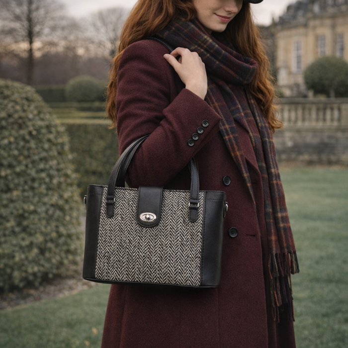Tannery Tweed & Leather Mini Twist Lock Shopper Bag - Black
